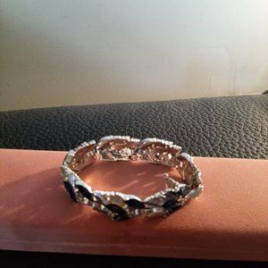Signed Vintage 50s Trifari Bracelet Silver Tone Blue Clear Rhinestone  3/4" w 7"